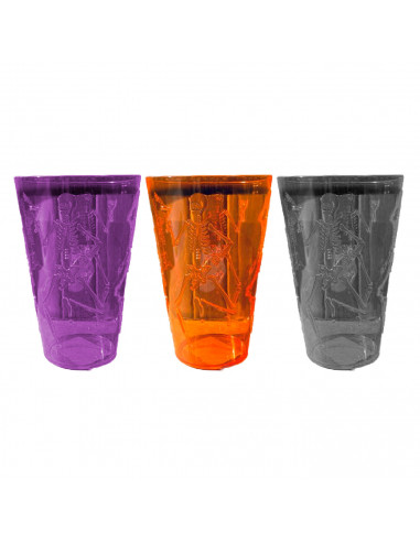 Tradineur - Pack de 3 vasos con diseño de esqueleto - Fabricado en plástico - Ideal para fiestas de Halloween - Ø 9,5 x 14 cm -