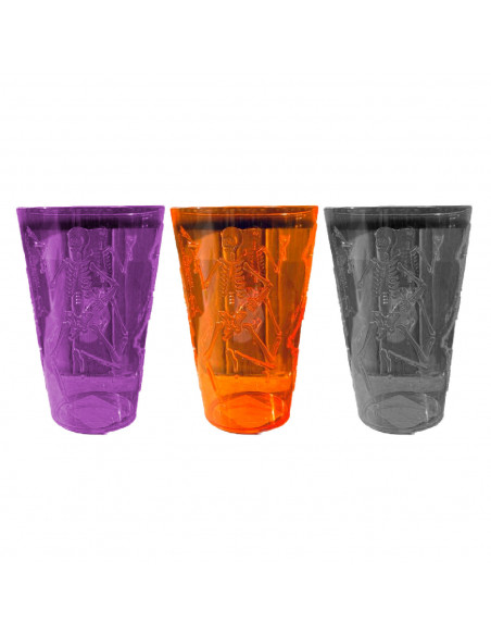 Tradineur - Pack de 3 vasos con diseño de esqueleto - Fabricado en plástico - Ideal para fiestas de Halloween - Ø 9,5 x 14 cm -