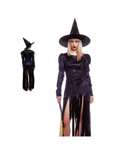 Tradineur - Disfraz de bruja negra para mujer, fibra sintética, incluye vestido y sombrero, carnaval, Halloween, cosplay (Adulto