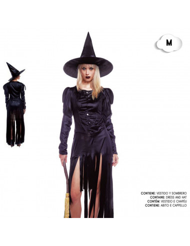 Tradineur - Disfraz de bruja negra para mujer, fibra sintética, incluye vestido y sombrero, carnaval, Halloween, cosplay (Adulto