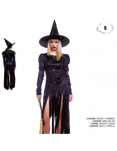 Tradineur - Disfraz de bruja negra para mujer, poliéster, incluye vestido y sombrero, carnaval, Halloween, cosplay (Adulto, Tall