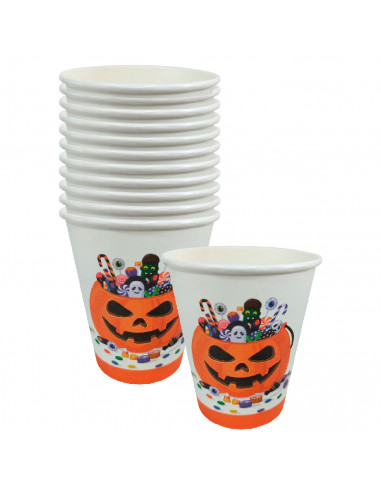 Tradineur - Packs de 48 vasos de Halloween con diseño de calabaza - Fabricado en Papel - Ideal para fiestas de Halloween - 270 m