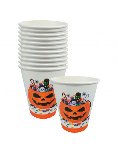 Tradineur - Packs de 48 vasos de Halloween con diseño de calabaza - Fabricado en Papel - Ideal para fiestas de Halloween - 270 m