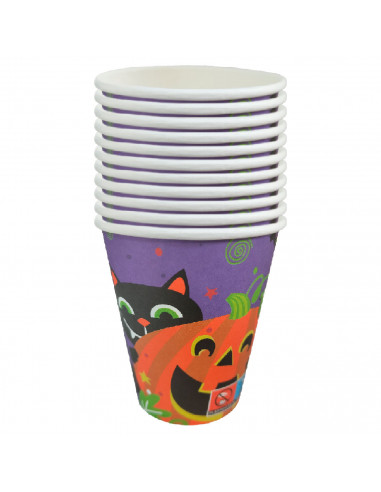 Tradineur - Packs de 48 vasos de Halloween con diseño de calabaza y gato - Fabricado en Papel - Ideal para fiestas de Halloween