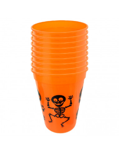 Tradineur - Pack de 12 vasos de Halloween - Diseño Esqueleto - Fabricado en Plástico - Ideal para fiestas de Halloween - Ø 8 x 1