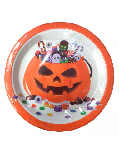 Tradineur - Paquete de 30 platos de Halloween - Diseño Calabaza - Fabricado en Papel - Apto para uso alimentario - Ø 18 cm