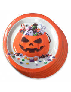 Tradineur - Paquete de 24 platos de Halloween - Diseño Calabaza - Fabricado en Papel - Apto para uso alimentario - Ø 23 cm