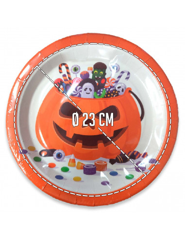 Tradineur - Paquete de 24 platos de Halloween - Diseño Calabaza - Fabricado en Papel - Apto para uso alimentario - Ø 23 cm