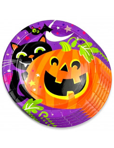 Tradineur - Pack de 30 Platos de Halloween - Diseño Calabaza y gatos negros - Fabricado en Papel - Apto para uso alimentario - Ø