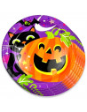 Tradineur - Pack de 30 Platos de Halloween - Diseño Calabaza y gatos negros - Fabricado en Papel - Apto para uso alimentario - Ø