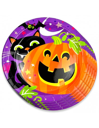 Tradineur - Pack de 24 platos de Halloween - Diseño Calabaza y gato negro - Fabricado en Papel - Apto para uso alimentario - Ø 2