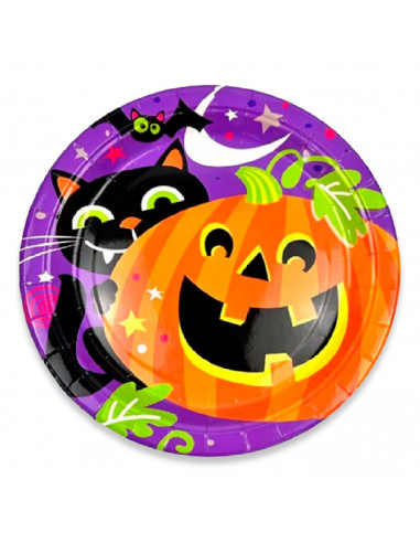 Tradineur - Pack de 24 platos de Halloween - Diseño Calabaza y gato negro - Fabricado en Papel - Apto para uso alimentario - Ø 2
