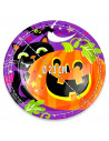 Tradineur - Pack de 24 platos de Halloween - Diseño Calabaza y gato negro - Fabricado en Papel - Apto para uso alimentario - Ø 2