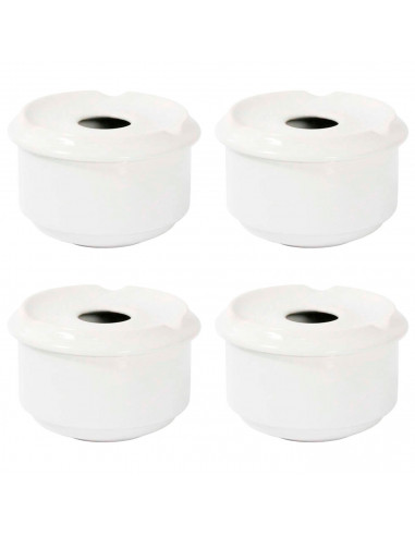Tradineur - Pack de 4 ceniceros redondos blancos de cerámica, 11 x 6 cm, recipiente con tapa removible y muescas para cigarros,