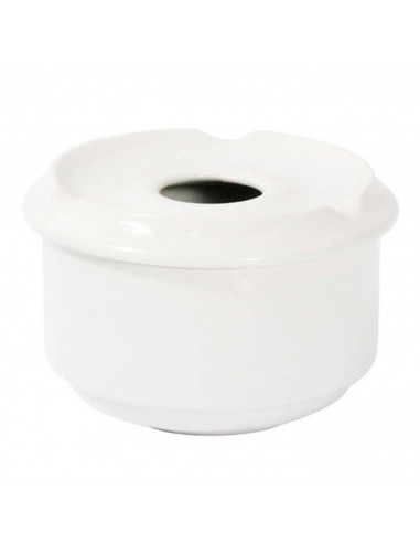 Tradineur - Pack de 4 ceniceros redondos blancos de cerámica, 11 x 6 cm, recipiente con tapa removible y muescas para cigarros,
