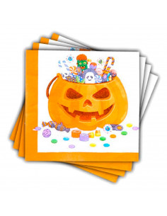 Tradineur - Pack de 48 servilletas desechables de Halloween - Diseño de calabaza con caramelos - Accesorio para mesa - 16,5 x 16