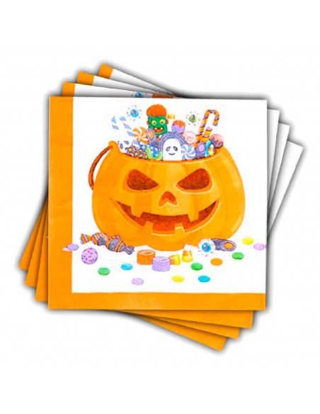 Tradineur - Pack de 48 servilletas desechables de Halloween - Diseño de calabaza con caramelos - Accesorio para mesa - 16,5 x 16 Tradineur - Pack de 48 servilletas desechables de Halloween - Diseño de calabaza con caramelos - Accesorio para mesa - 16,5 x 16