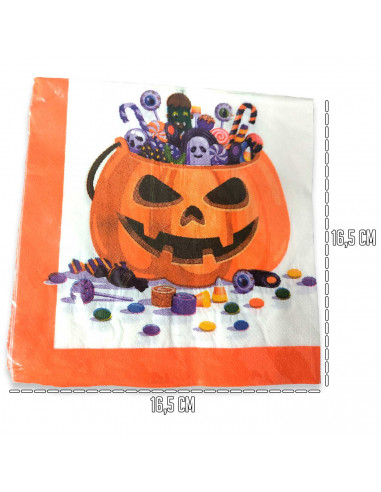 Tradineur - Pack de 48 servilletas desechables de Halloween - Diseño de calabaza con caramelos - Accesorio para mesa - 16,5 x 16