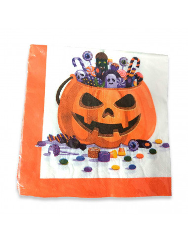 Tradineur - Pack de 48 servilletas desechables de Halloween - Diseño de calabaza con caramelos - Accesorio para mesa - 16,5 x 16