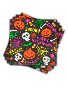 Tradineur - Pack de 48 servilletas desechables de Halloween - Diseño caraberas y calabazas - Accesorio para mesa - 16,5 x 16,5 c