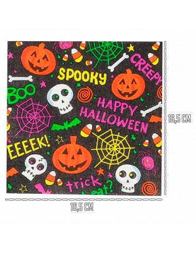 Tradineur - Pack de 48 servilletas desechables de Halloween - Diseño caraberas y calabazas - Accesorio para mesa - 16,5 x 16,5 c