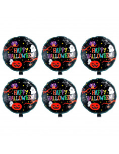 Tradineur - Pack de 6 Globos con letrero "Happy Halloween" - Diseño Original con Fantasmas, Calabaza, Araña, etc. - 43 x 43 cm