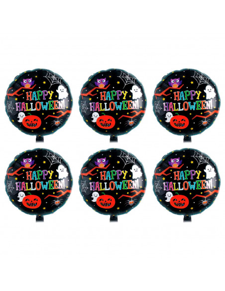 Tradineur - Pack de 6 Globos con letrero "Happy Halloween" - Diseño Original con Fantasmas, Calabaza, Araña, etc. - 43 x 43 cm