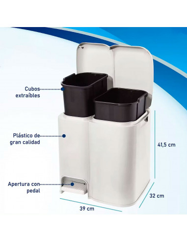 Tradineur - Cubo de basura doble de plástico con tapa, fácil apertura con pedal, papelera, contenedor almacenamiento de residuos