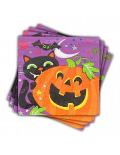Tradineur - Pack de 48 servilletas desechables de Halloween - Diseño con Gato, Murciélago y calabaza - Accesorio para mesa - 16,