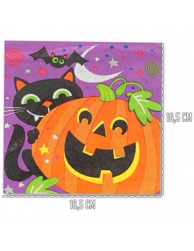 Tradineur - Pack de 48 servilletas desechables de Halloween - Diseño con Gato, Murciélago y calabaza - Accesorio para mesa - 16,