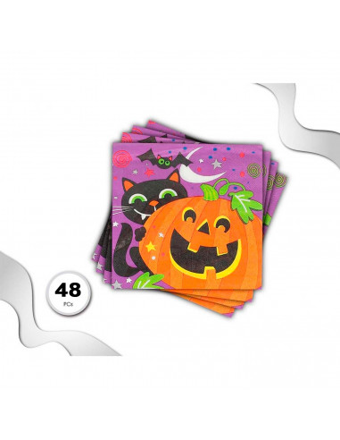 Tradineur - Pack de 48 servilletas desechables de Halloween - Diseño con Gato, Murciélago y calabaza - Accesorio para mesa - 16,