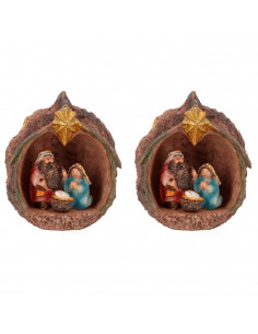 Tradineur - Pack de 2 nacimientos en nuez de resina, decoración Navidad, belén, pesebre, figura, adorno de sobremesa, estantería