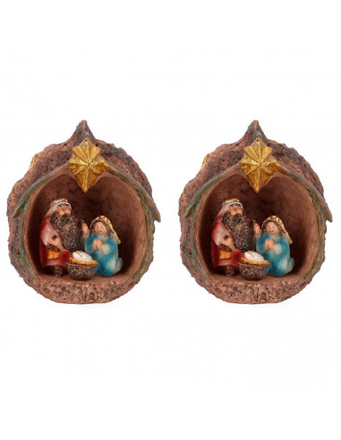 Tradineur - Pack de 2 nacimientos en nuez de resina, decoración Navidad, belén, pesebre, figura, adorno de sobremesa, estantería