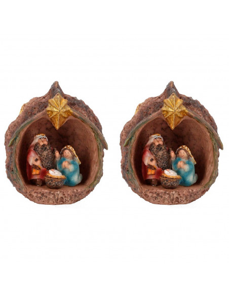 Tradineur - Pack de 2 nacimientos en nuez de resina, decoración Navidad, belén, pesebre, figura, adorno de sobremesa, estantería