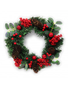 Tradineur - Corona de navidad con piñas y racimos de bayas rojas, guirnalda decorativa artificial, adorno colgante para puerta,