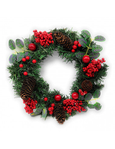 Tradineur - Corona de navidad con piñas y racimos de bayas rojas, guirnalda decorativa artificial, adorno colgante para puerta,