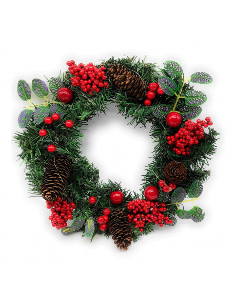 Tradineur - Corona de navidad con piñas y racimos de bayas rojas, guirnalda decorativa artificial, adorno colgante para puerta,