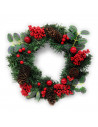 Tradineur - Corona de navidad con piñas y racimos de bayas rojas, guirnalda decorativa artificial, adorno colgante para puerta,