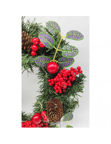Tradineur - Corona de navidad con piñas y racimos de bayas rojas, guirnalda decorativa artificial, adorno colgante para puerta,