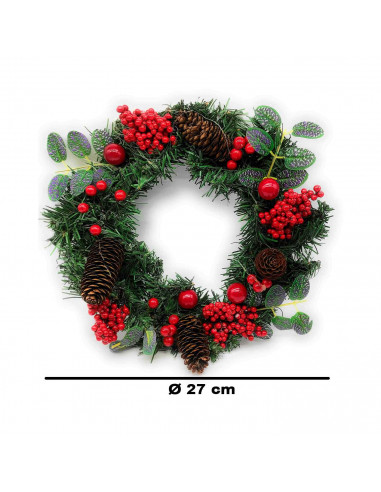 Tradineur - Corona de navidad con piñas y racimos de bayas rojas, guirnalda decorativa artificial, adorno colgante para puerta,