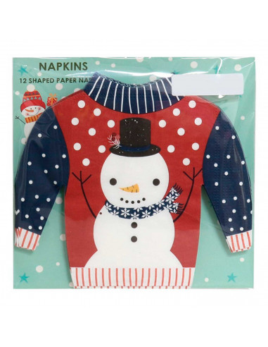 Tradineur - Pack de 36 servilletas navideñas de papel, forma de jersey con muñeco de nieve, 3 capas, biodegradables, reciclables