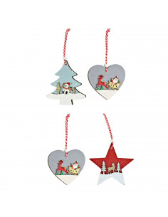 Tradineur - Pack de 4 adornos colgantes con paisaje navideño, madera contrachapada, decoración festiva, árbol, chimenea, hogar,