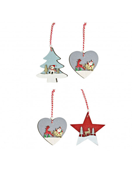 Tradineur - Pack de 4 adornos colgantes con paisaje navideño, madera contrachapada, decoración festiva, árbol, chimenea, hogar,