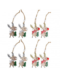 Tradineur - Pack de 8 colgantes de reno con árbol, madera contrachapada, figuras de Navidad, adornos para árbol, chimeneas, deco