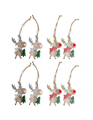 Tradineur - Pack de 8 colgantes de reno con árbol, madera contrachapada, figuras de Navidad, adornos para árbol, chimeneas, deco