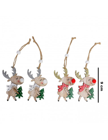 Tradineur - Pack de 8 colgantes de reno con árbol, madera contrachapada, figuras de Navidad, adornos para árbol, chimeneas, deco