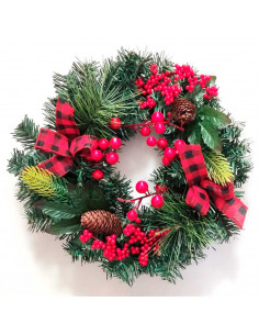 Tradineur - Corona de navidad con piñas, lazos y racimos de bayas rojas, guirnalda decorativa artificial, adorno colgante para p