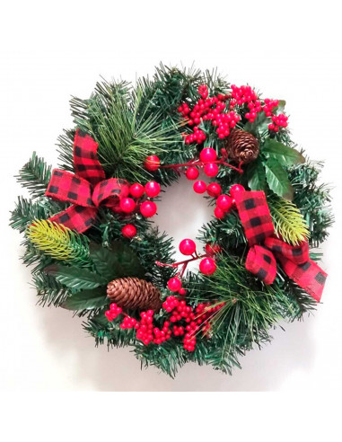 Tradineur - Corona de navidad con piñas, lazos y racimos de bayas rojas, guirnalda decorativa artificial, adorno colgante para p
