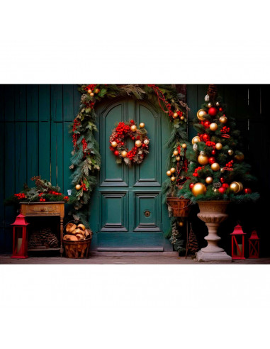 Tradineur - Corona de navidad con piñas, lazos y racimos de bayas rojas, guirnalda decorativa artificial, adorno colgante para p