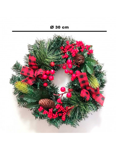 Tradineur - Corona de navidad con piñas, lazos y racimos de bayas rojas, guirnalda decorativa artificial, adorno colgante para p